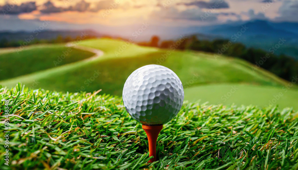 close up golf club and golf ball on green grass with sunrise background close up golf club and golf ball on green grass with sunrise background
