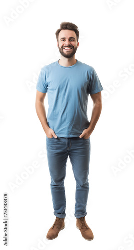 Young adult smiling man in blue t-shirt isolated on transparent white background. Full body.