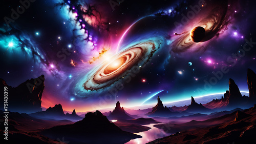 Picture a mesmerizing galaxy filled with swirling colors, sparkling stars, and celestial wonders. A cosmic journey unfolds with breathtaking nebulae and vibrant planetary landscapes