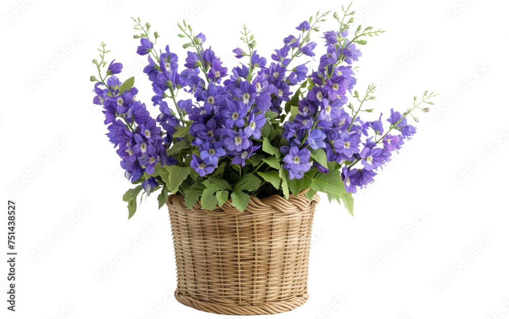 Scalloped rattan pot with monkshood isolated on transparent Background