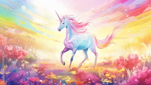Unicorn prancing through a field of blooming flowers in a vibrant shot from a saturated angle retrofuturism rainbow sparks caricature