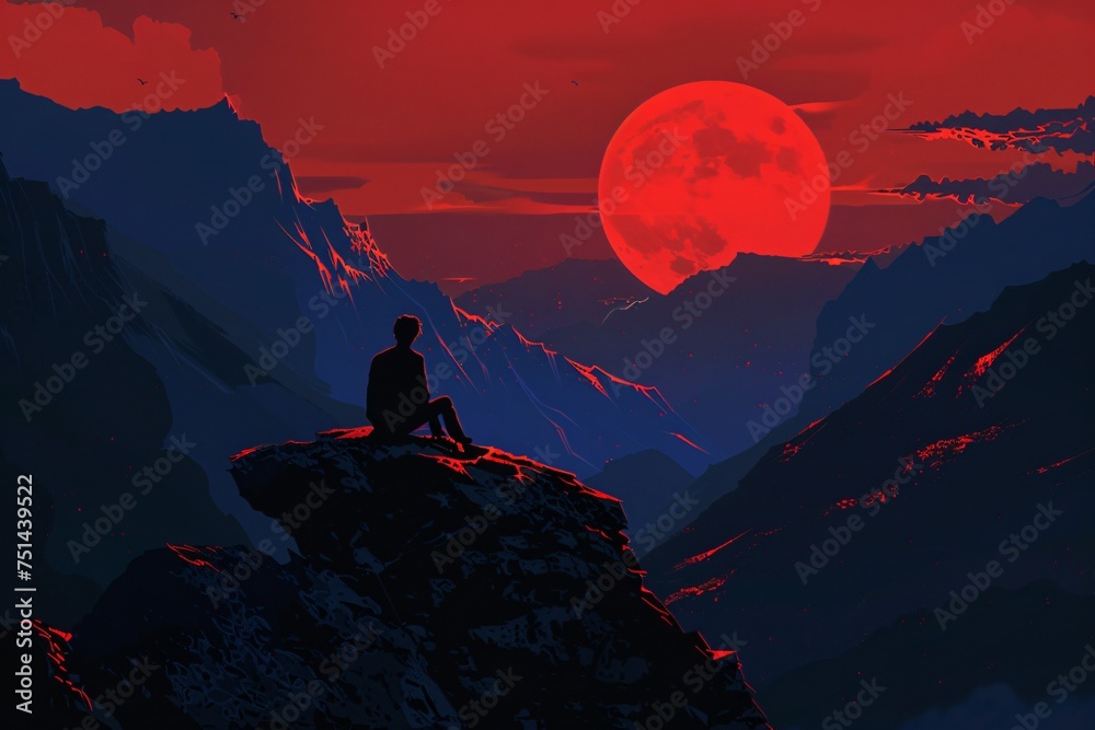 a person sitting on a rock looking at the moon