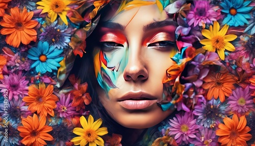 abstract portrait of a woman with flowers, pretty woman portrait, colored abstract portrait of woman