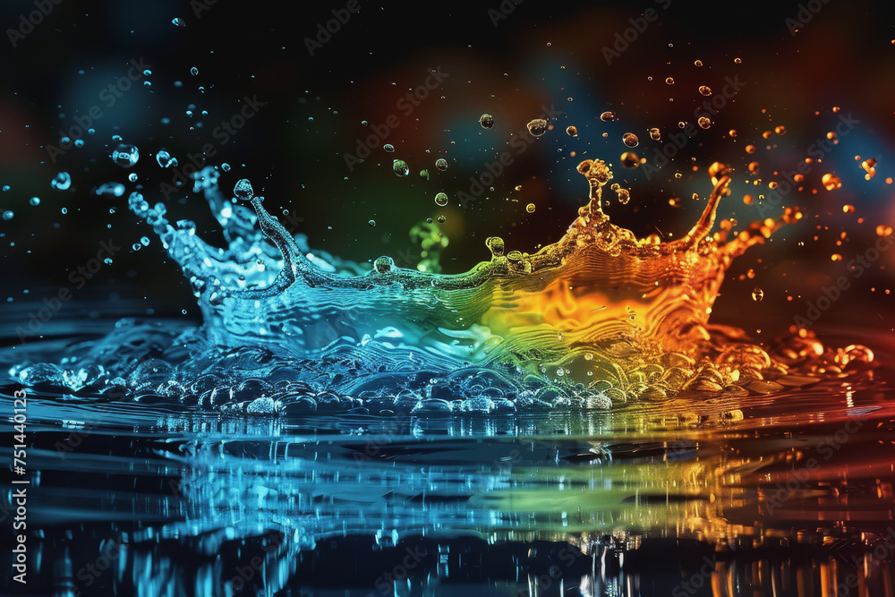 Abstract image of the splash of water, futuristic style, in colorful style. AI Generated