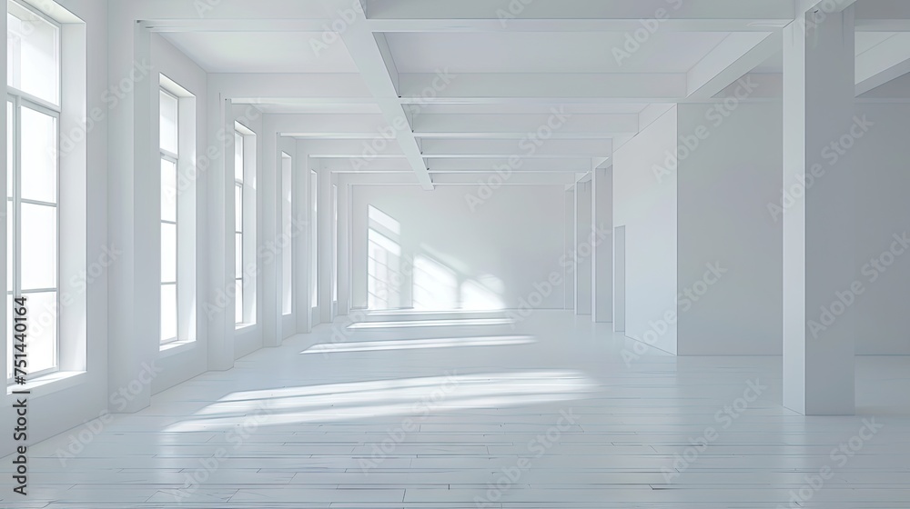 A empty clean white modern room, no furniture, white walls, white smooth ceiling, no people, natural light coming into the room through windows 