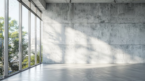 a concrete wall in a luxury modern office interior with big windows, outside light coming and white walls, modern, no people in it, photo captured with Nikon d850 200mm f2.8 lens, realistic  photo