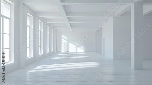 A empty clean white modern room  no furniture  white walls  white smooth ceiling  no people  natural light coming into the room through windows 