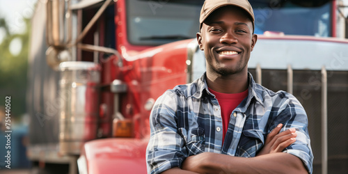 Smiling African American Trucker in Front of Red Semi