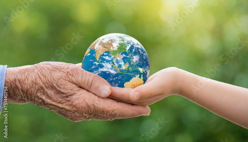 Close up of senior hands giving small planet earth to a child over defocused green background with copy space