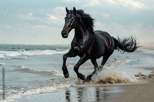 A black horse is running on the beach, splashing water in the air