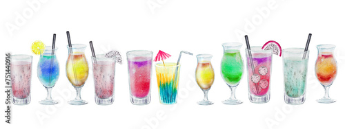 Summer cocktail set, glass glasses and glasses with colorful drinks. Hand drawn watercolor illustration for recipes for alcohol lists with drinks.