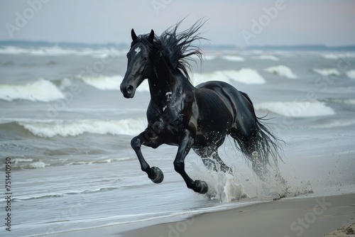 A black horse is running on the beach, with the ocean in the background © Aliaksandr Siamko
