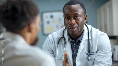 a Black doctor talking to a patient in an exam room 