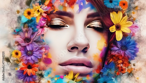 abstract portrait of a woman with flowers, pretty woman portrait, colored abstract portrait of woman