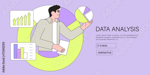 Businessman research market and search solutions, strategies and ways of company business improvement. Economic insight, sales prediction, data collection and management. Flat vector illustration.
