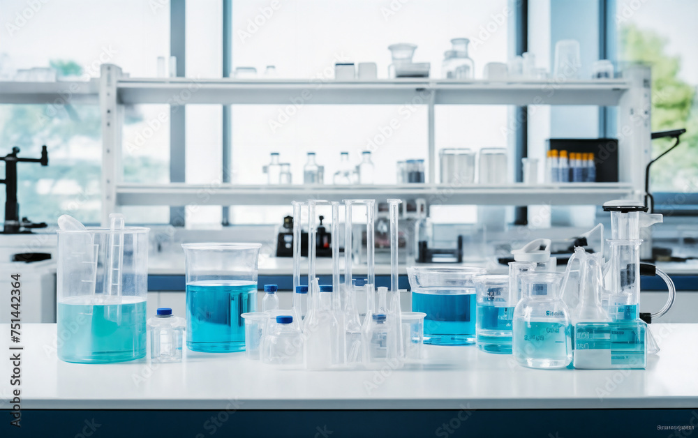 a lab filled with blue liquid and flasks of liquid on a counter top next to a window, generative ai a lab filled with blue liquid and flasks of liquid on a counter top next to a window, generative ai