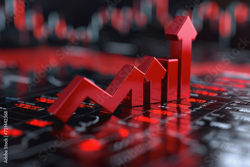 Financial crisis down 3d red arrow economy business graph on money crash market background. photo