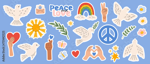 Peace and love, freedom, no war sticker pack. Dove bird, Rainbow, heart, arms. International Day of Peace. Pacifism and Hippie symbols. Vector illustration in flat hand drawn style 
