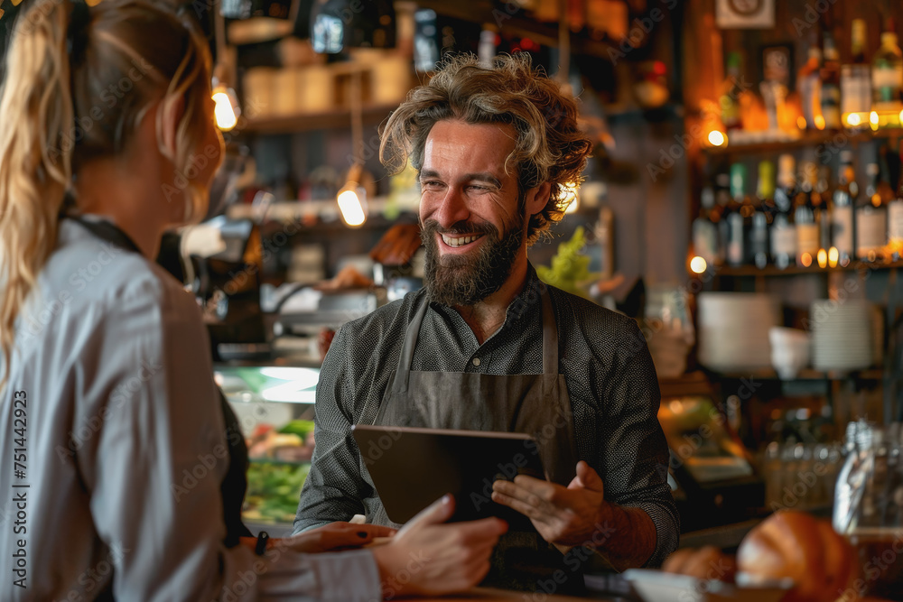 Happy waiter holding a tablet with a woman while taking her order in a cafe. AI Generated