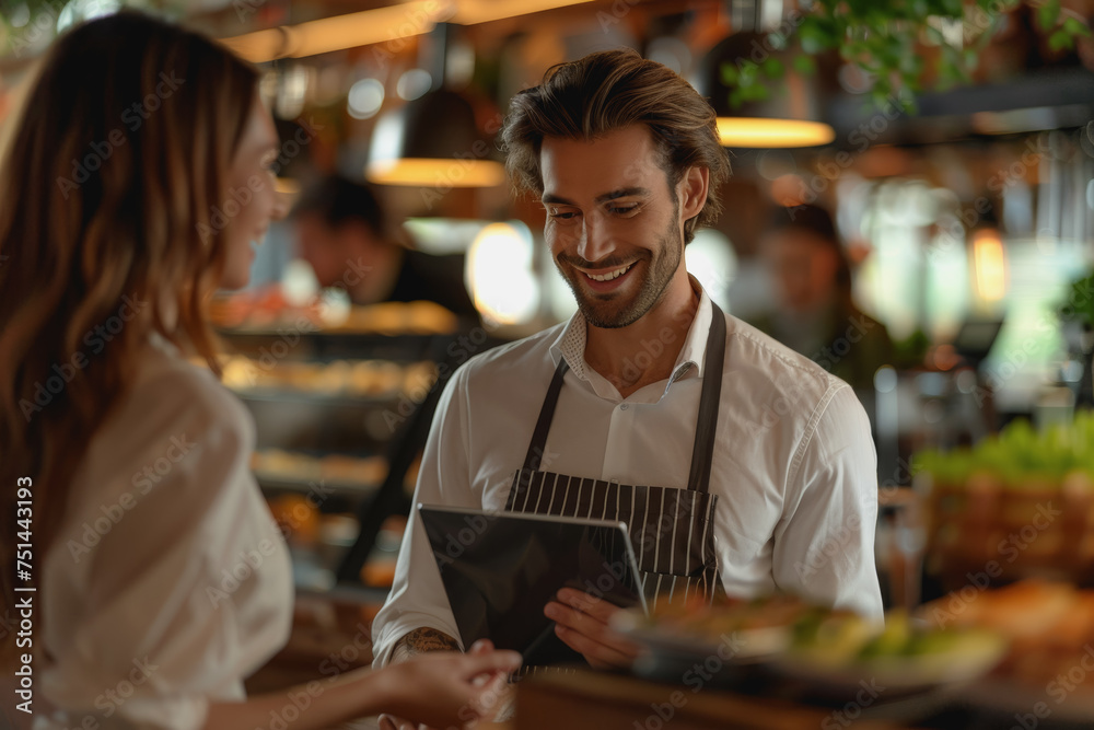 Happy waiter holding a tablet with a woman while taking her order in a cafe. AI Generated Happy waiter holding a tablet with a woman while taking her order in a cafe. AI Generated