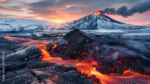 volcanic eruption with lava flowing amidst a snowy landscape during sunset. The erupting volcano is spewing lava and smoke against the backdrop of a colorful sky