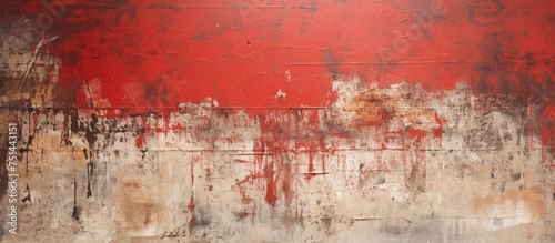 A red and white abstract painting stands out on the wall, showcasing intricate patterns and textures. The artists careful brushstrokes blend light and grunge elements for a unique art piece.