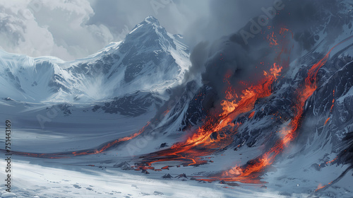 volcanic eruption with lava flowing through the snowy landscape, creating a stark contrast between the fiery red-orange lava and the white snow against the backdrop of a big mountain