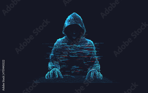 Abstract digital hacker. Cyber security concept. A man wearing a hoodie with a hidden face in front of a computer. Cyber attack and data hack. Fraud man. 3D Vector polygonal wireframe illustration. (ID: 751443322)