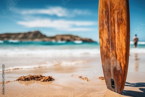 Surfboard on a sandy beach with a blurred nature background in the background. © Berezhna_Iuliia