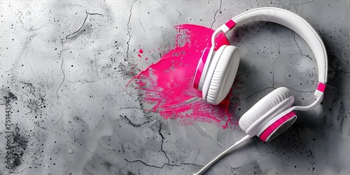 Pink Headphones on Concrete in Vibrant Color Splash Style, This image would be perfect for technology, design, and music-related photo