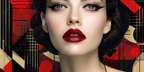 Woman with Red Lips in Red Background Art Deco Style, To provide a visually striking and unique portrait for use in various creative projects
