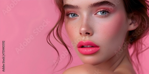 Blue-eyed Girl in Pink Explosive Pigmentation Style, To provide a captivating and visually stunning portrait of a beautiful young woman, suitable
