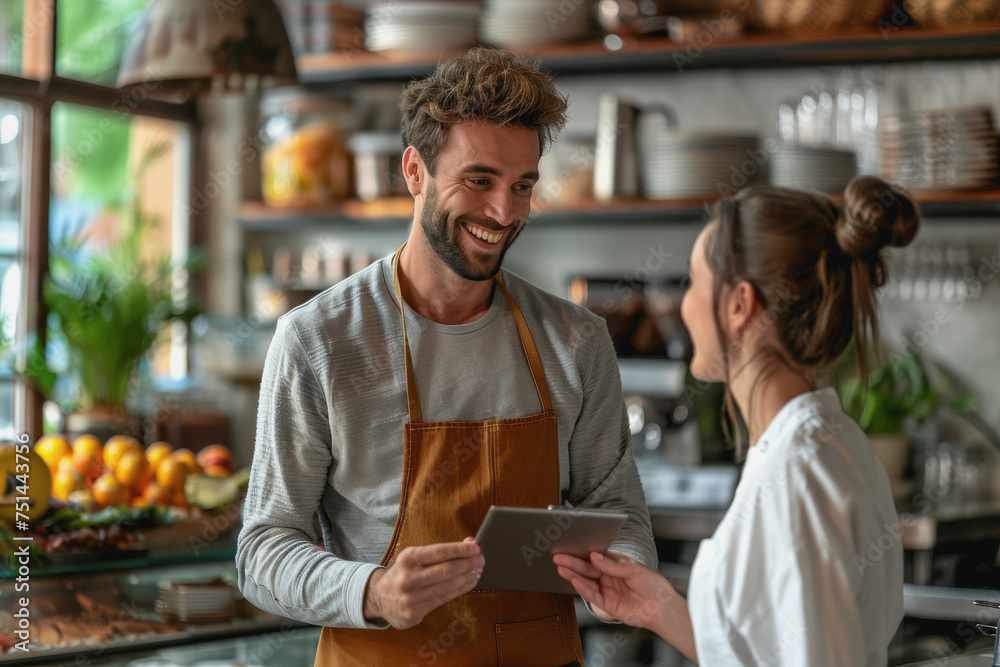 Happy waiter holding a tablet with a woman while taking her order in a cafe. AI Generated Happy waiter holding a tablet with a woman while taking her order in a cafe. AI Generated