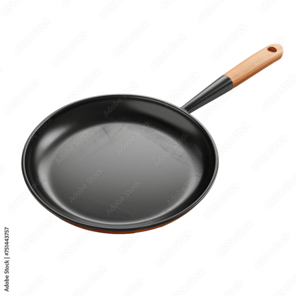 Black Frying Pan With Wooden Handle, Transparent Background, Cut Out