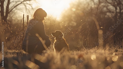 Woman and Dog Enjoying Sunlight in a Field