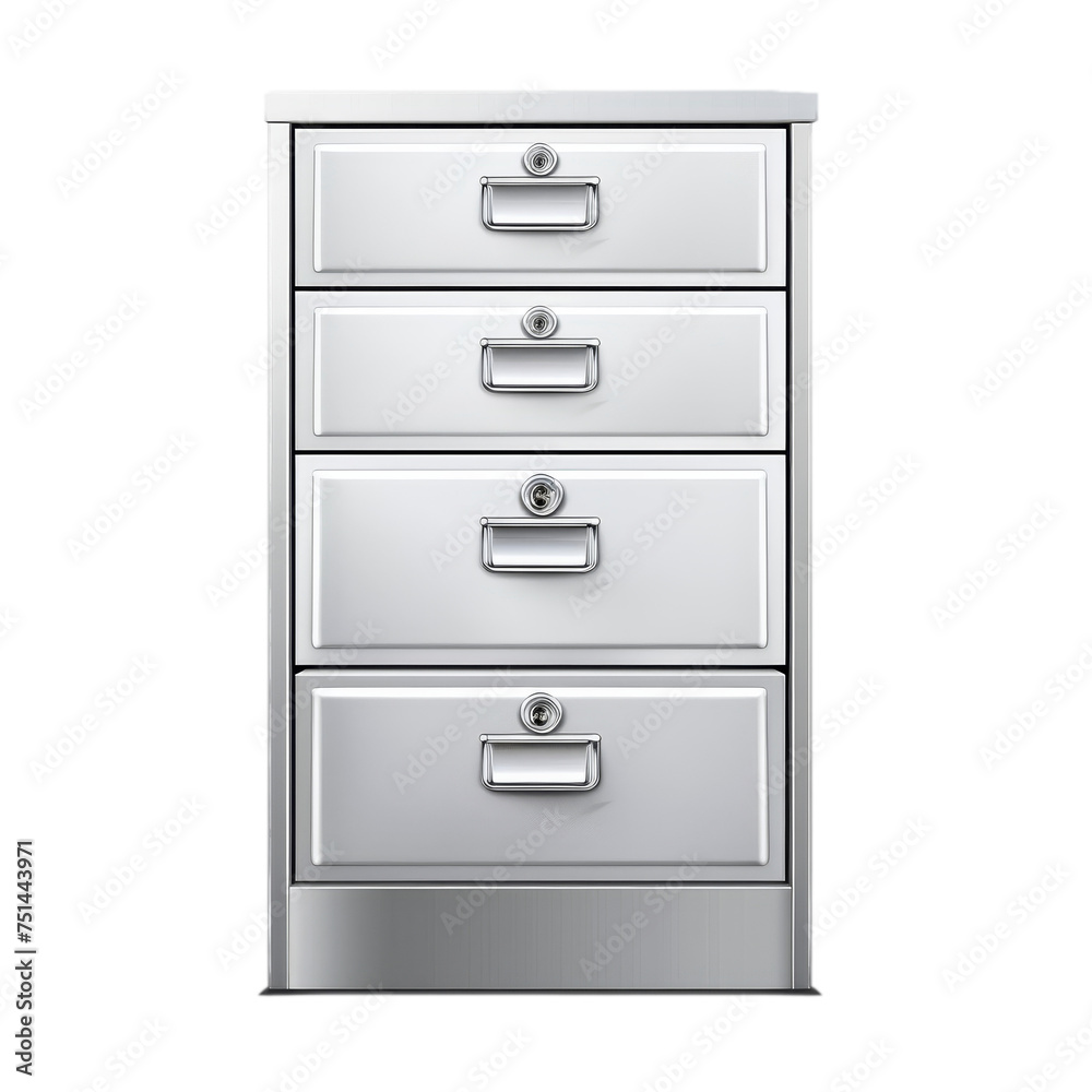 Silver Metal Filing Cabinet With Four Drawers Against , Transparent Background, Cut Out Silver Metal Filing Cabinet With Four Drawers Against , Transparent Background, Cut Out