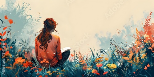 Woman Reading in a Field of Flowers in Various Art Styles, To convey a sense of relaxation, enjoyment, and appreciation for nature and literature in © Bussakon