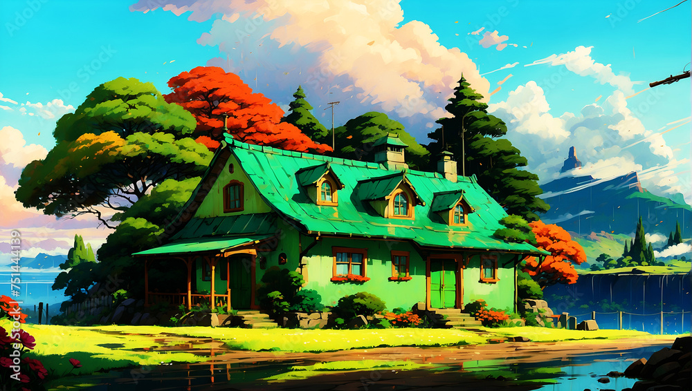 Painting of a colorful house after a rainy day