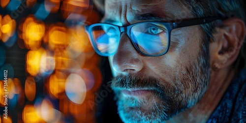 Man Looking Out at Glowing Lights, To convey a sense of curiosity and wonder, this image is perfect for projects that involve exploration or discovery