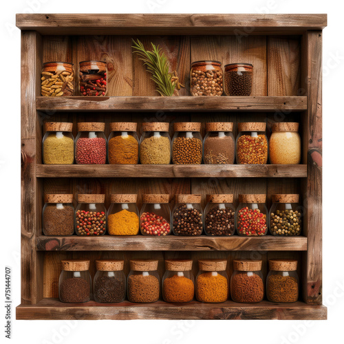 Wooden Shelf Filled With Various Spices, Transparent Background, Cut Out