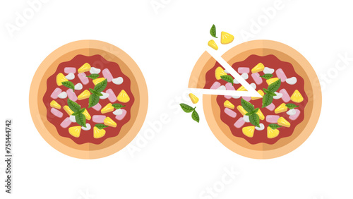 Hawaiian pizza in flat style top view. Slices prosciutto, basil, pineapple, mozzarella