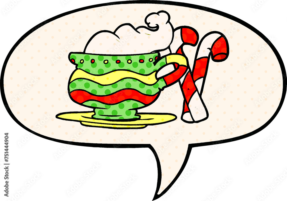cartoon christmas cocoa and candy canes and speech bubble in comic book style cartoon christmas cocoa and candy canes and speech bubble in comic book style