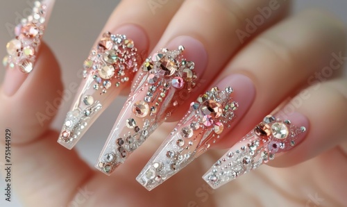 Acrylic nails adorned with sparkling gemstones and intricate embellishments