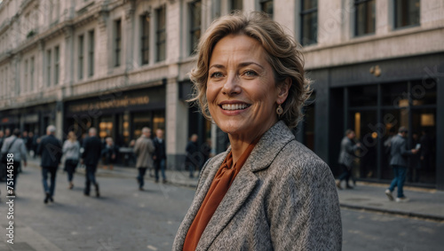 Elegante donna di 50 anni che lavora nel distretto finanziario di Londra sorridente prima di iniziare la giornata di lavoro