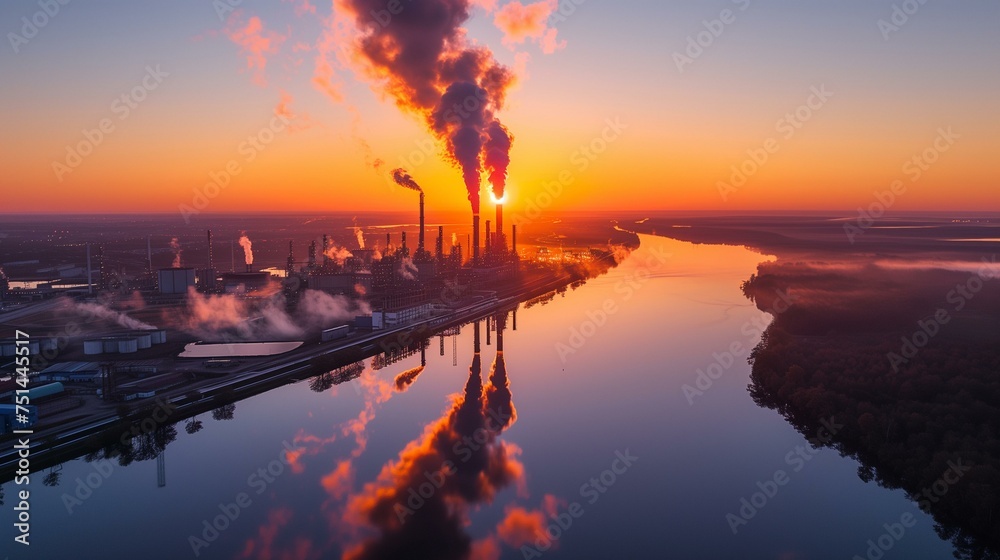 Industrial Smokestacks Emitting Pollution at Sunrise Over River