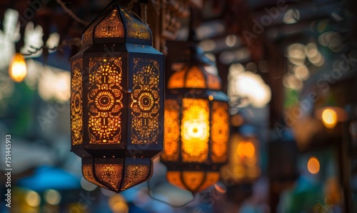 Traditional Eid Mubarak lantern adorned with intricate Arabic calligraphy and geometric patterns
