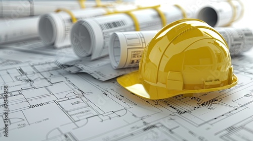 Concept of construction and design. 3d render of blueprints and 