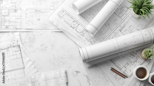 Concept of construction and design. 3d render of blueprints and 