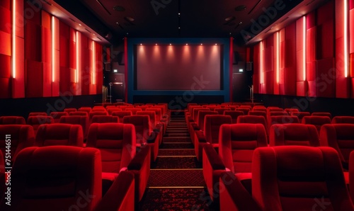 A dramatic rendering of a movie theater auditorium, with empty seats shrouded in darkness and a beam of light from the projector illuminating the screen