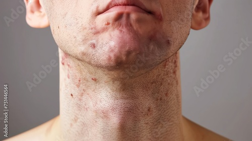 Close-up of man's skin with many ingrown hairs. Facial skin of an adult male with inflammation. photo